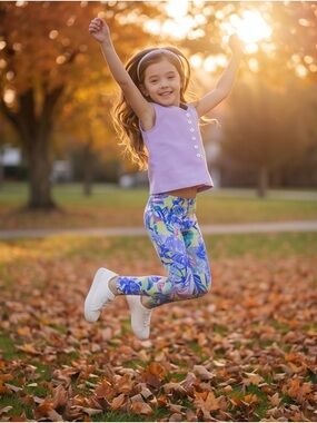 Girls' Blue Floral Printed Leggings - Kids Bottoms